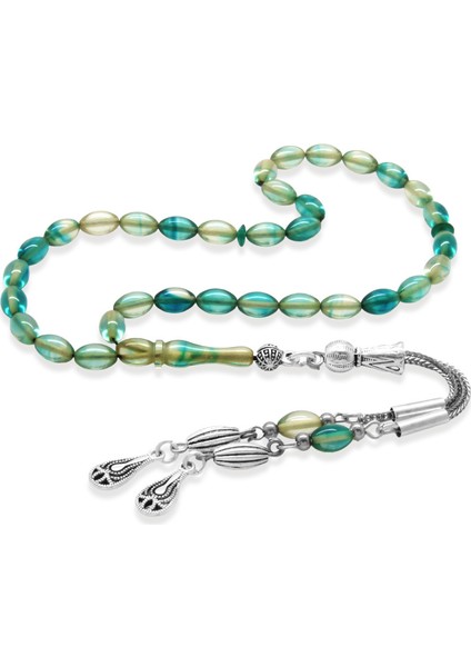 Ateş Kehribar Tesbih - Kararmaz Metal Damla Püsküllü - Su Yeşili Turkuaz - Mini Boy - Arpa Kesim