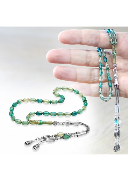 Ateş Kehribar Tesbih - Kararmaz Metal Damla Püsküllü - Su Yeşili Turkuaz - Mini Boy - Arpa Kesim fiyatları