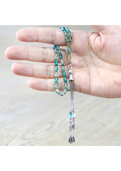 Ateş Kehribar Tesbih - Kararmaz Metal Damla Püsküllü - Su Yeşili Turkuaz - Mini Boy - Arpa Kesim modelleri
