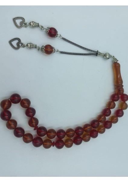 Küre Kesim Alpaka Püskül Kırmızı Sarı Kehribar Tespih (Ahşap Kutulu)