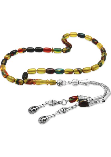 Ateş Kehribar Tesbih - Kararmaz Metal Damla Püsküllü - Rengarenk - Mini Boy - Kapsül Kesim