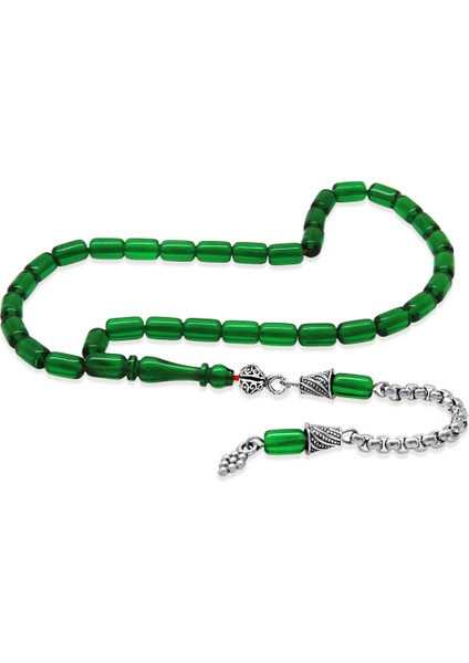 Kararmaz Metal Arnavut Zincir Püsküllü Kapsül Kesim Yeşil Mini Boy Ateş Kehribar Tesbih