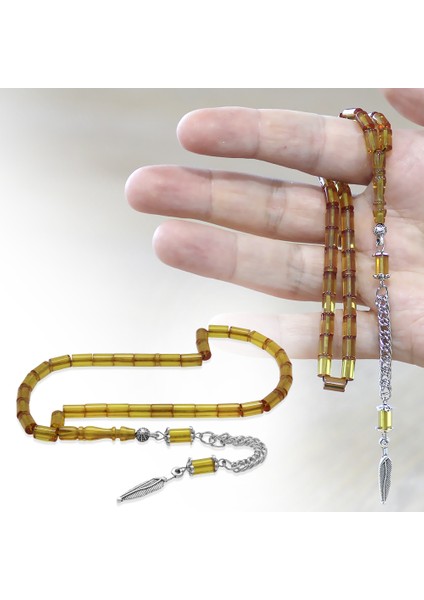 Ateş Kehribar Tesbih - Kararmaz Metal Püsküllü - Mini Boy - Sarı Renk - Kesme Kesim fiyatları