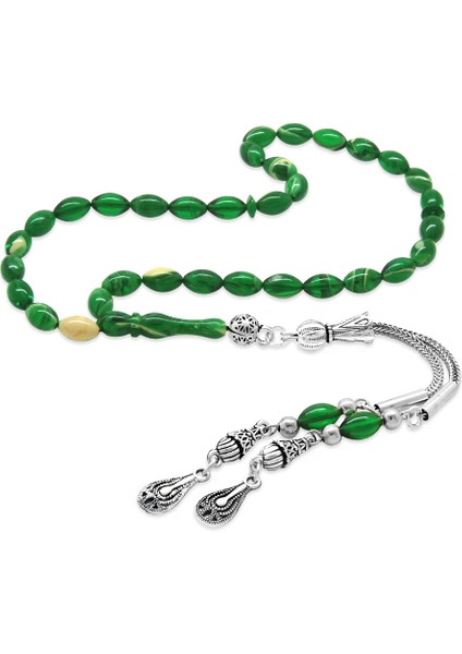 Ateş Kehribar Tesbih - Kararmaz Metal Damla Püsküllü - Yeşil Beyaz - Mini Boy - Arpa Kesim