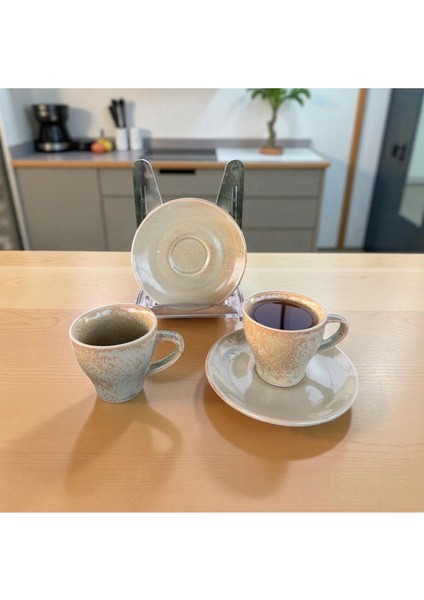 Homeinn Rustik Dokulu 2’li Seramik Kahve Fincan Takımı – Doğal Tonlarda, El Işçiliği Görünümlü Modern Set