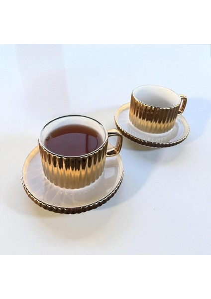 Homeinn Modern Çizgili 2'li Porselen Çay Fincan Takımı – Gold Renk, Sunum Tabağıyla, Şık ve Zarif Tasarım fiyatları
