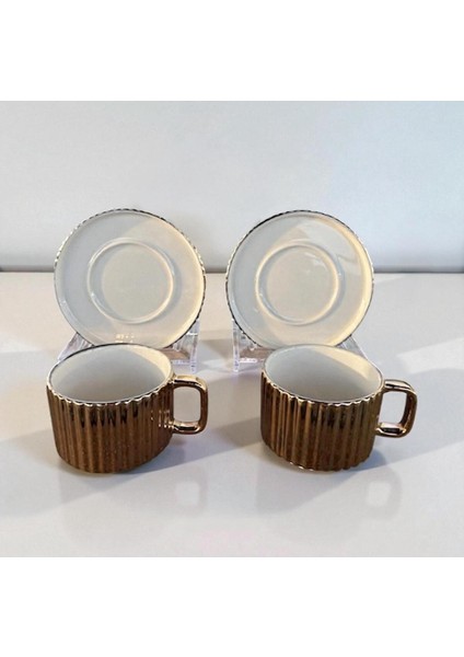 Homeinn Modern Çizgili 2'li Porselen Çay Fincan Takımı – Gold Renk, Sunum Tabağıyla, Şık ve Zarif Tasarım modelleri