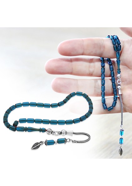 Ateş Kehribar Tesbih - 925 Ayar Gümüş Zincir Püsküllü - Mini Boy - Mavi Renk - Kapsül Kesim fiyatları