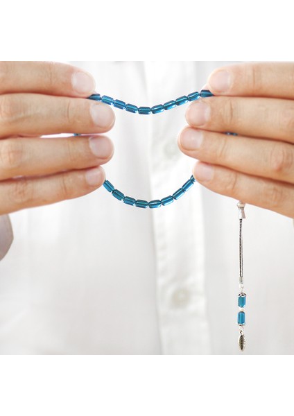 Ateş Kehribar Tesbih - 925 Ayar Gümüş Zincir Püsküllü - Mini Boy - Mavi Renk - Kapsül Kesim modelleri