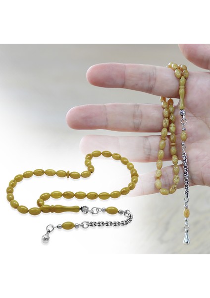 Kararmaz Metal Arnavut Zincir Püsküllü Arpa Kesim Hareli Sarı Mini Boy Ateş Kehribar Tesbih