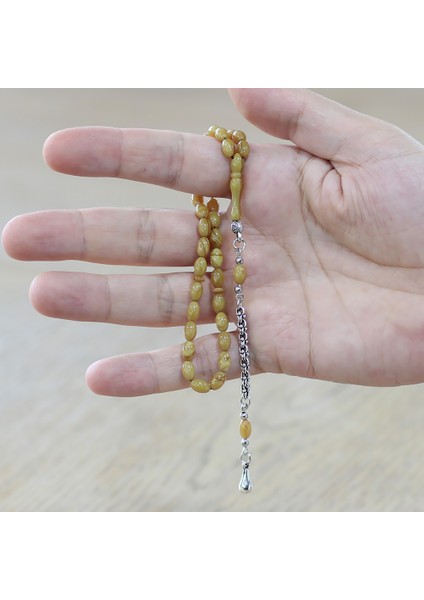 Kararmaz Metal Arnavut Zincir Püsküllü Arpa Kesim Hareli Sarı Mini Boy Ateş Kehribar Tesbih fiyatları