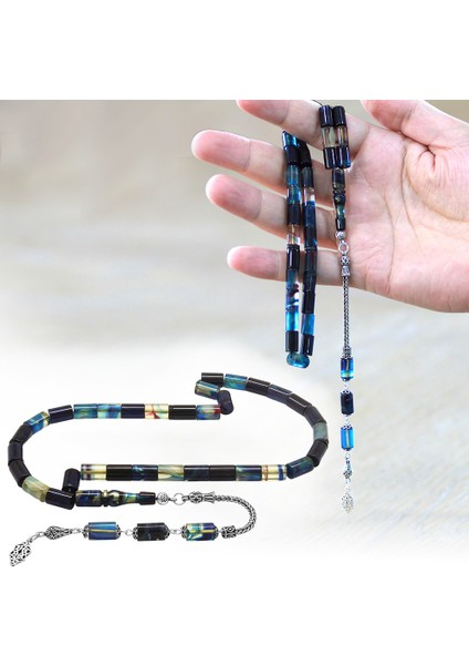 925 Ayar Gümüş Püsküllü Kesme Kesim Mavi Beyaz Ateş Kehribar Tesbih fiyatları