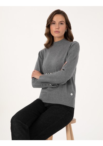 Kadın Gri Melanj Slim Fit Basic Kazak 50310887-VR086 modelleri