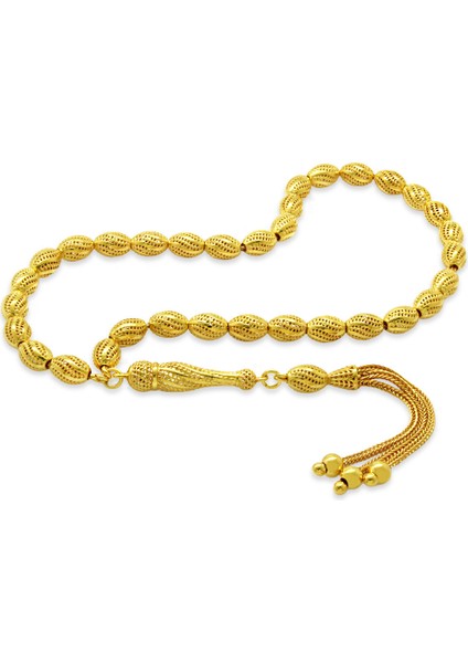 3 Lü Kamçı Püsküllü Çeşmi Bülbül Detaylı Telkari Tasarım Arpa Kesim Altın Renk 925 Ayar Gümüş Tesbih