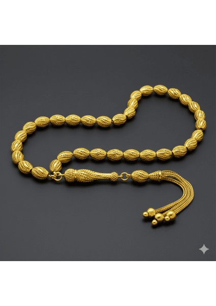 3 Lü Kamçı Püsküllü Çeşmi Bülbül Detaylı Telkari Tasarım Arpa Kesim Altın Renk 925 Ayar Gümüş Tesbih modelleri