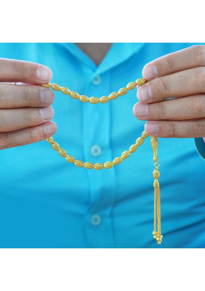 3 Lü Kamçı Püsküllü Çeşmi Bülbül Detaylı Telkari Tasarım Arpa Kesim Altın Renk 925 Ayar Gümüş Tesbih indirimleri