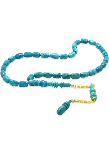 Altın Renk 925 Ayar Gümüş Püskül Imamesı Usta Işçilikli Kapsül Kesim Su Yeşil Turkuaz Katalin Tesbih