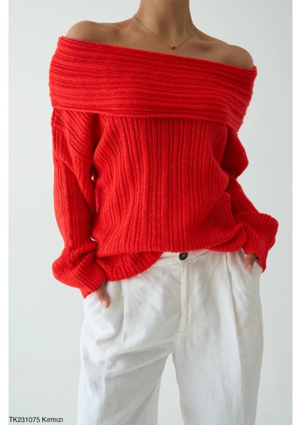 Kadın Omuz Açık Kaburga Örgü Geniş Yaka Büyük Boy Kazak modelleri