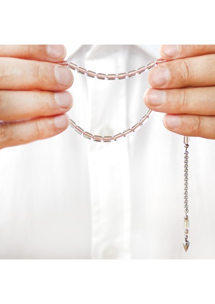 Ateş Kehribar Tesbih - Kararmaz Metal Püsküllü - Mini Boy - Şeffaf Beyaz Renk - Kapsül Kesim modelleri