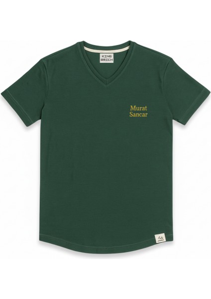 Kişiye Özel Nakışlı Yakası Biyeli Kısa Kollu V Yaka Premium Haki Tişört S