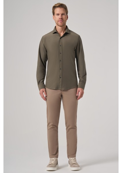 Erkek Haki Trend Düz Slim Fit Tam Italyan Yaka Gömlek fırsatları