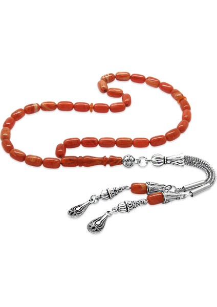 Ateş Kehribar Tesbih - Kararmaz Metal Damla Püsküllü - Turuncu Beyaz - Mini Boy - Kapsül Kesim