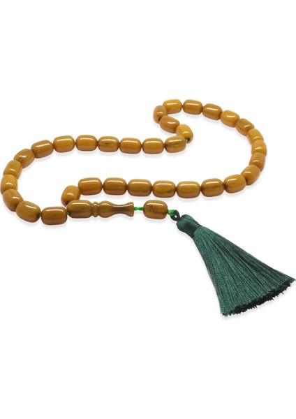 Çubuk Sıkma Kehribar Tesbih - Osmanlı Saray Püsküllü - Hareli Hardal Rengi - Kapsül Kesim