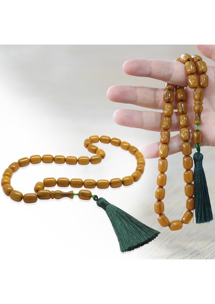 Çubuk Sıkma Kehribar Tesbih - Osmanlı Saray Püsküllü - Hareli Hardal Rengi - Kapsül Kesim fiyatları