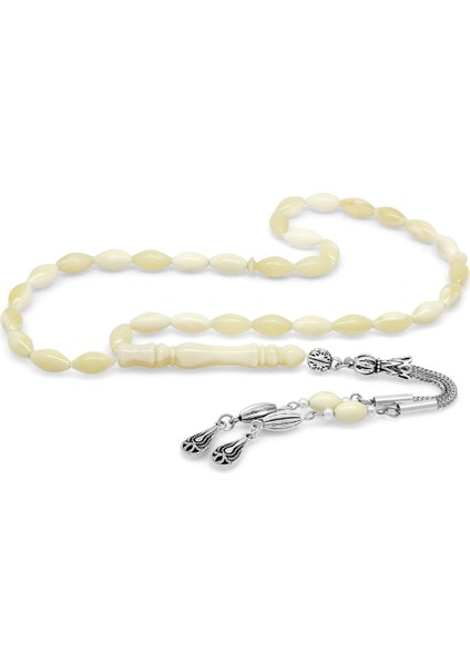 Kararmaz Metal Su Damlası Püsküllü Arpa Kesim Naturel Renk Deve Kemiği Tesbih