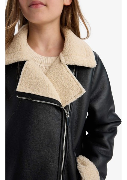 Kız Çocuk Su İtici Ceket Yaka Pelüş Astar Suni Deri Ceket Mont