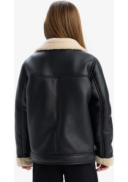 Kız Çocuk Su İtici Ceket Yaka Pelüş Astar Suni Deri Ceket Mont