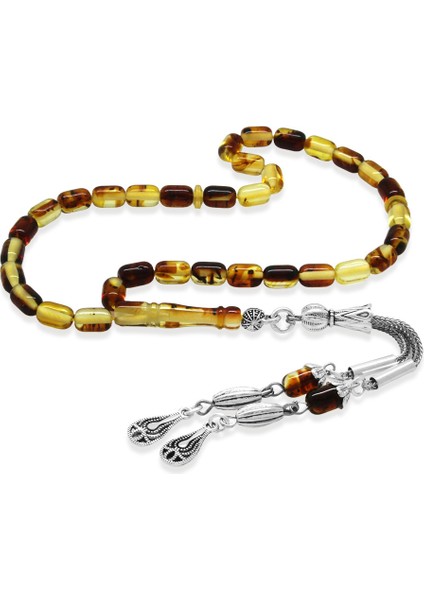 Fosilli Beyrut Kehribar Tesbih - Kararmaz Metal Püsküllü - Mini Boy - Sarı Siyah - Kapsül Kesim