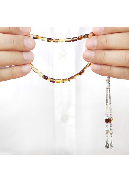 Fosilli Beyrut Kehribar Tesbih - Kararmaz Metal Püsküllü - Mini Boy - Sarı Siyah - Kapsül Kesim fırsatları