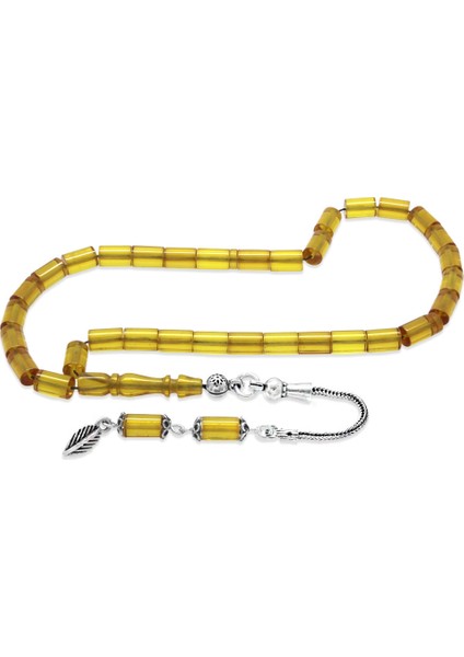 925 Ayar Gümüş Püsküllü Kesme Kesim Mini Boy Soft Sarı Ateş Kehribar Tesbih