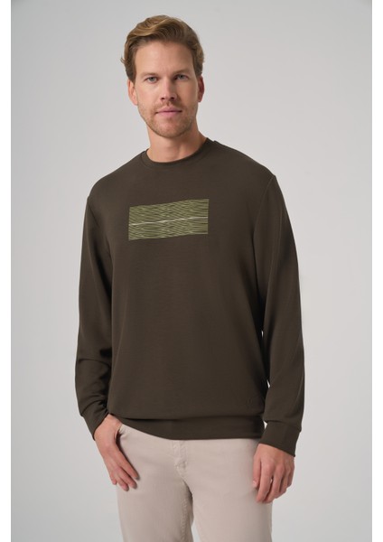Erkek Haki Trend Baskılı Bisiklet Yaka Sweatshirt