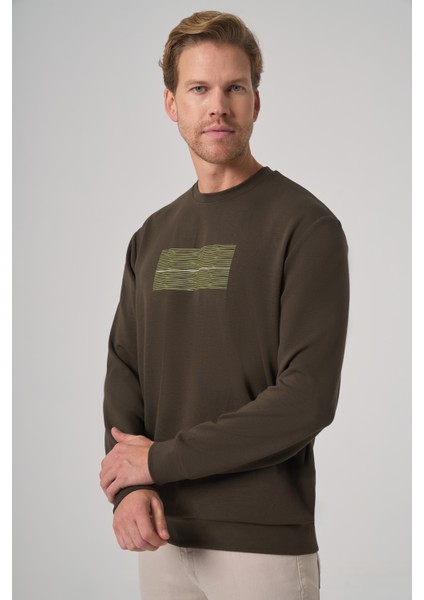 Erkek Haki Trend Baskılı Bisiklet Yaka Sweatshirt fiyatları
