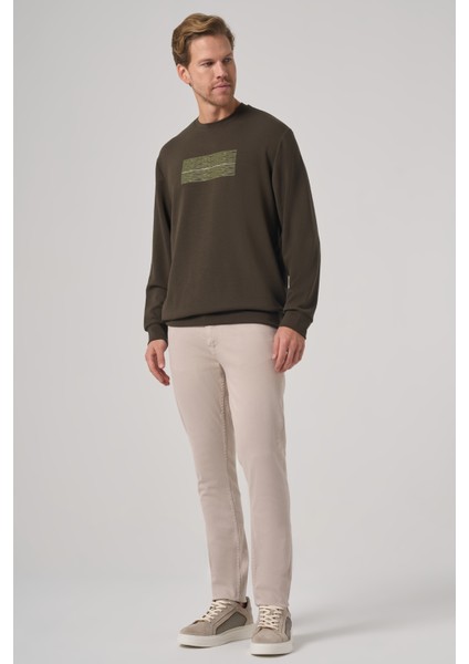 Erkek Haki Trend Baskılı Bisiklet Yaka Sweatshirt fırsatları