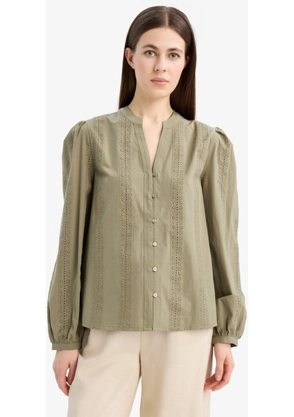 Regular Fit Bisiklet Yaka Brode Uzun Kollu Gömlek