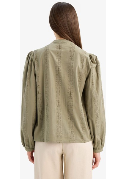 Regular Fit Bisiklet Yaka Brode Uzun Kollu Gömlek