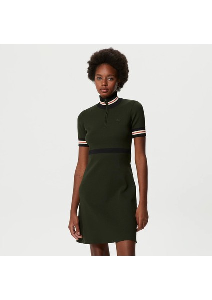 Kadın Flare Fit Renk Bloklu Haki Elbise