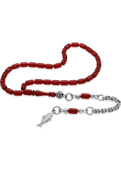 Kararmaz Metal Arnavut Püsküllü Kapsül Kesim Kırmızı Siyah Mini Boy Ateş Kehribar Tesbih