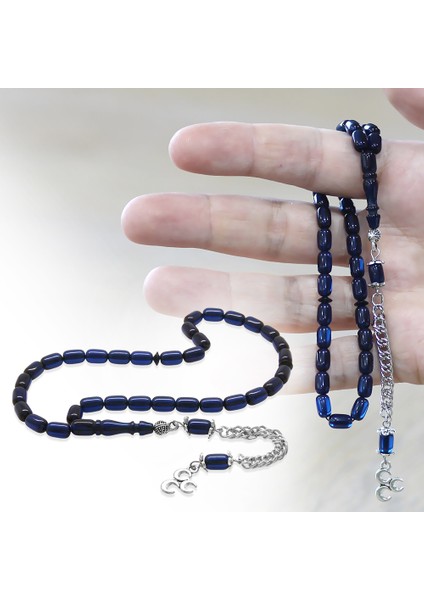 Sıkma Kehribar Tesbih - Kararmaz Metal Püsküllü - Mini Boy - Mavi Siyah - Kapsül Kesim fiyatları