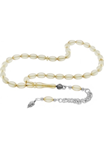 Ateş Kehribar Tesbih - Kararmaz Metal Püsküllü - Mini Boy - Şeffaf Beyaz Renk - Arpa Kesim