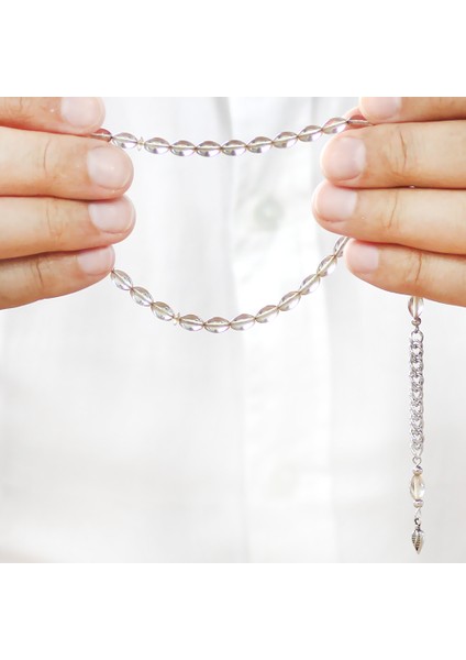 Ateş Kehribar Tesbih - Kararmaz Metal Püsküllü - Mini Boy - Şeffaf Beyaz Renk - Arpa Kesim modelleri