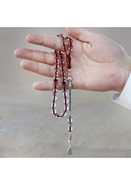 925 Ayar Gümüş Kral Zincir Püsküllü Arpa Kesim Kırmızı Imame Kombinli Şeffaf Ateş Kehribar Tesbih modelleri