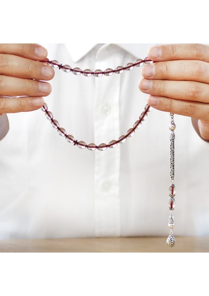 925 Ayar Gümüş Kral Zincir Püsküllü Arpa Kesim Kırmızı Imame Kombinli Şeffaf Ateş Kehribar Tesbih fırsatları