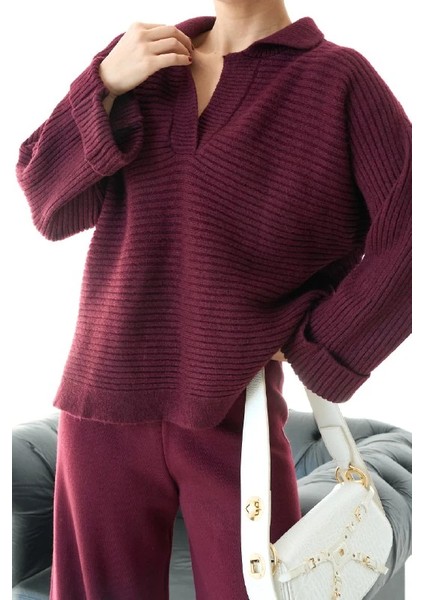 Kadın Kaburga Örgü Uzun Kollu Polo Yaka Kazak Tuniği