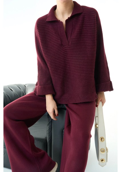 Kadın Kaburga Örgü Uzun Kollu Polo Yaka Kazak Tuniği fiyatları