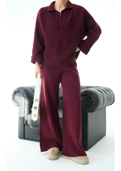 Kadın Kaburga Örgü Uzun Kollu Polo Yaka Kazak Tuniği modelleri