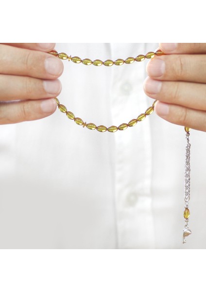 Ateş Kehribar Tesbih - Kararmaz Metal Püsküllü - Mini Boy - Sarı Renk - Arpa Kesim modelleri